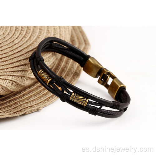 Pulsera de cuero de capas múltiples de mujeres aleación Wrap Pulsera